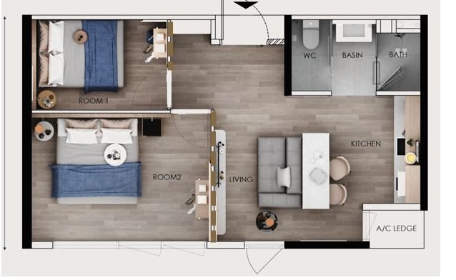 G'Vinton Type A floor plan — 474 sq ft two bedroom unit, Level 11 to 39